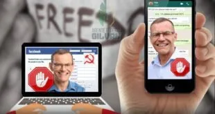 Cartaz com a frase 'Vergonha capixaba!' sobre notebook e celular exibindo a foto de um político