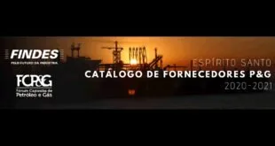 Banner escuro com silhueta de navio e plataforma ao pôr do sol e o texto 'Catálogo de Fornecedores'