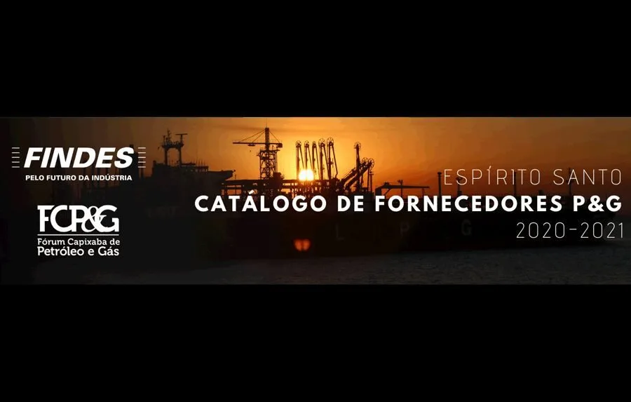 Banner escuro com silhueta de navio e plataforma ao pôr do sol e o texto 'Catálogo de Fornecedores'