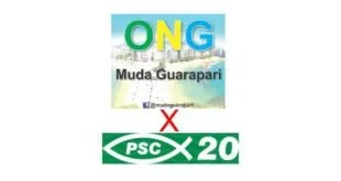 Logotipo da ONG Muda Guarapari acima da marca verde 'PSC 20' com um X vermelho entre eles