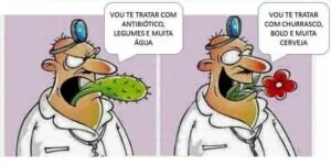 Charge de dois médicos comendo folhas com o balão 'Vou te tratar com antibiótico, legumes e muita água'