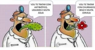 Charge de dois médicos comendo folhas com o balão 'Vou te tratar com antibiótico, legumes e muita água'