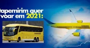 Montagem com ônibus amarelo da Itapemirim ao lado de avião amarelo sobre fundo azul