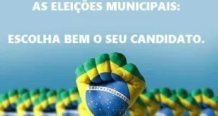 Bandeiras do Brasil enfileiradas com o texto 'Escolha bem o seu candidato' sobreposto