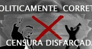 Imagem em preto e branco com grande X vermelho sobre silhuetas e o texto 'censura disfarçada'