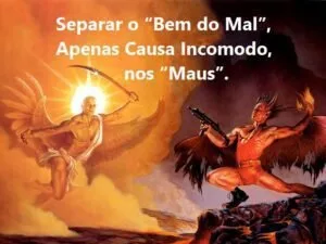 Ilustração de figura alada em meio a chamas com o texto 'Separar o Bem do Mal' sobreposto