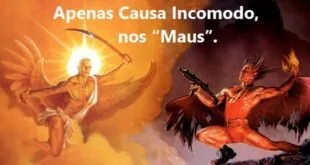 Ilustração de figura alada em meio a chamas com o texto 'Separar o Bem do Mal' sobreposto