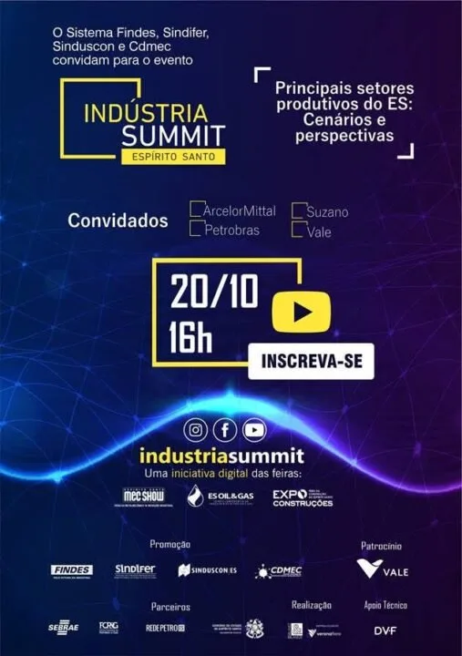 Cartaz azul de evento on-line com o título 'Indústria Summit' e a data 20/10 às 16h