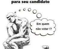 Desenho de O Pensador com balão de pensamento 'Em quem não votar!?' em fundo branco