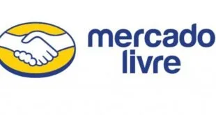 Logotipo do Mercado Livre com o aperto de mãos amarelo sobre fundo branco