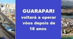 Cartão com o texto 'Guarapari voltará a operar vôos depois de 18 anos' sobre fundo azul