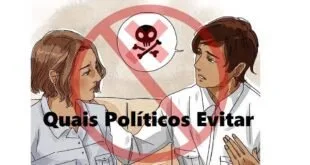 Ilustração de duas pessoas discutindo sob símbolo vermelho de caveira e a palavra 'Políticos'