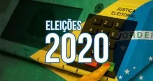 Teclado de urna eletrônica sendo pressionado sobre bandeira do Brasil com o texto 'Eleições 2020'