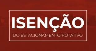Cartão com o texto 'Isenção do estacionamento rotativo' em letras brancas sobre fundo vermelho