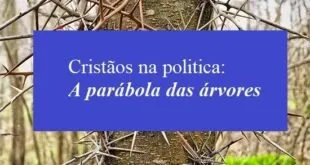 Galhos cobertos de espinhos ao fundo e caixa azul com o texto 'Cristãos na política, a parábola das árvores'
