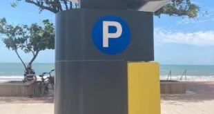 Parquímetro com símbolo de estacionamento em calçadão à beira-mar com coqueiros ao fundo