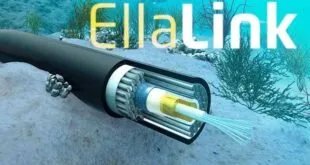 Ilustração de cabo submarino de fibra óptica em corte com a marca 'EllaLink' no fundo do mar