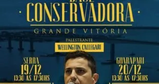 Cartaz de evento com foto de homem ao microfone e o texto 'Base Conservadora Grande Vitória'