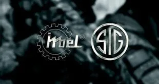 Logotipos da Imbel e da SIG lado a lado sobre fundo escuro em preto e branco