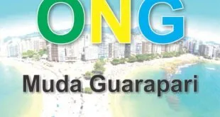 Arte com o texto 'ONG Muda Guarapari' sobre foto aérea de praia com prédios à beira-mar