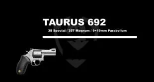 Revólver prateado sobre fundo escuro com o texto 'Taurus 692' e a lista de calibres acima