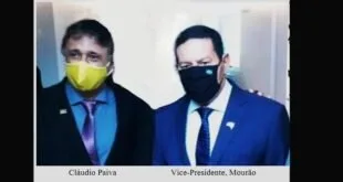 Dois homens de terno e máscara lado a lado, com legendas 'Cláudio Paiva' e 'Vice-Presidente, Mourão'