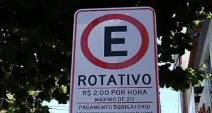 Placa de sinalização com a letra E e o texto 'Rotativo, R$ 2,00 por hora' entre árvores