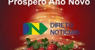 Cartão de Natal com árvore decorada, logotipo do Direto Notícias e mensagem de boas-festas