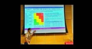 Pessoa diante de telão com slide intitulado 'Fase V, matriz de risco de convivência' em auditório