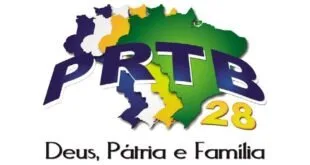 Logotipo do PRTB com o mapa do Brasil, o número 28 e o lema 'Deus, Pátria e Família'