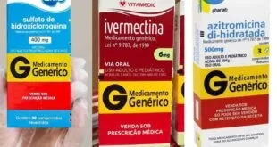 Caixas de medicamentos genéricos enfileiradas, entre elas ivermectina e azitromicina