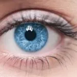 Close de um olho humano azul, com cílios e sobrancelha em destaque
