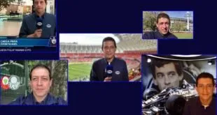 Montagem com cinco fotos de um mesmo homem em estádios e estúdios e uma chuteira de futebol