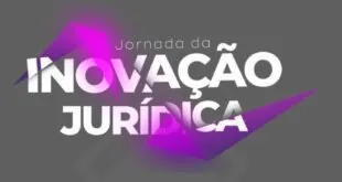 Cartão com o título 'Jornada da Inovação Jurídica' em letras brancas sobre fundo roxo