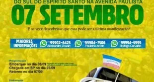 Arte de divulgação com ônibus e o texto 'Caravana 07 de setembro' sobre fundo amarelo e verde