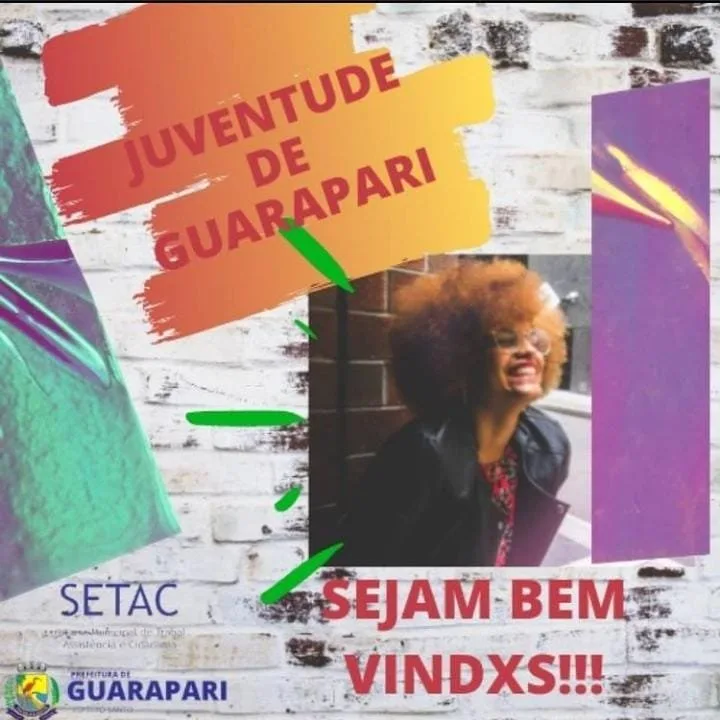 Arte com os dizeres 'Juventude de Guarapari' e 'Sejam bem vindxs' e brasões institucionais