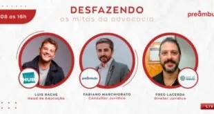 Arte de divulgação com o título 'Desfazendo os mitos da advocacia' e três retratos de palestrantes