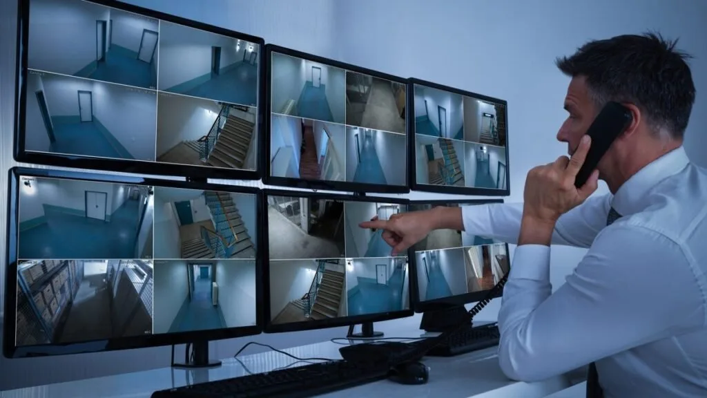 Pessoa aponta para painel de telas de monitoramento por câmeras de segurança