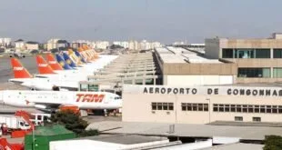 Vista aérea de pátio de aeroporto com aviões estacionados ao lado do terminal