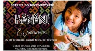 Arte de estreia do documentário "Kanani" com foto de criança indígena sorrindo