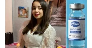 Montagem com o retrato de uma jovem ao lado de um frasco de vacina da Pfizer