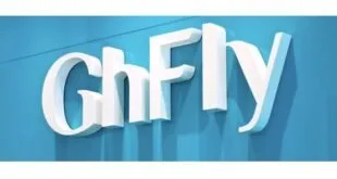 Letreiro em relevo com a marca GhFly em parede azul