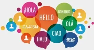 Balões de fala coloridos com saudações como hello, bonjour, ciao e hola