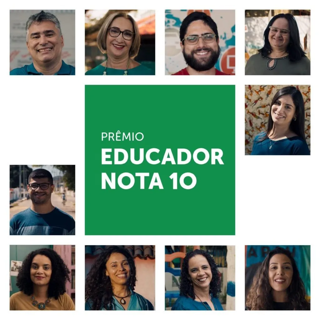 Mosaico de retratos ao redor do texto 'Prêmio Educador Nota 10' sobre fundo verde