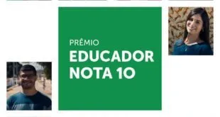 Mosaico de retratos ao redor do texto 'Prêmio Educador Nota 10' sobre fundo verde