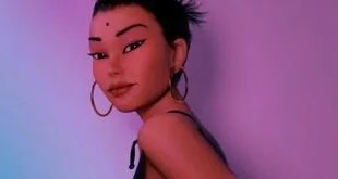 Retrato em computação gráfica de uma jovem com brincos de argola sob luz roxa