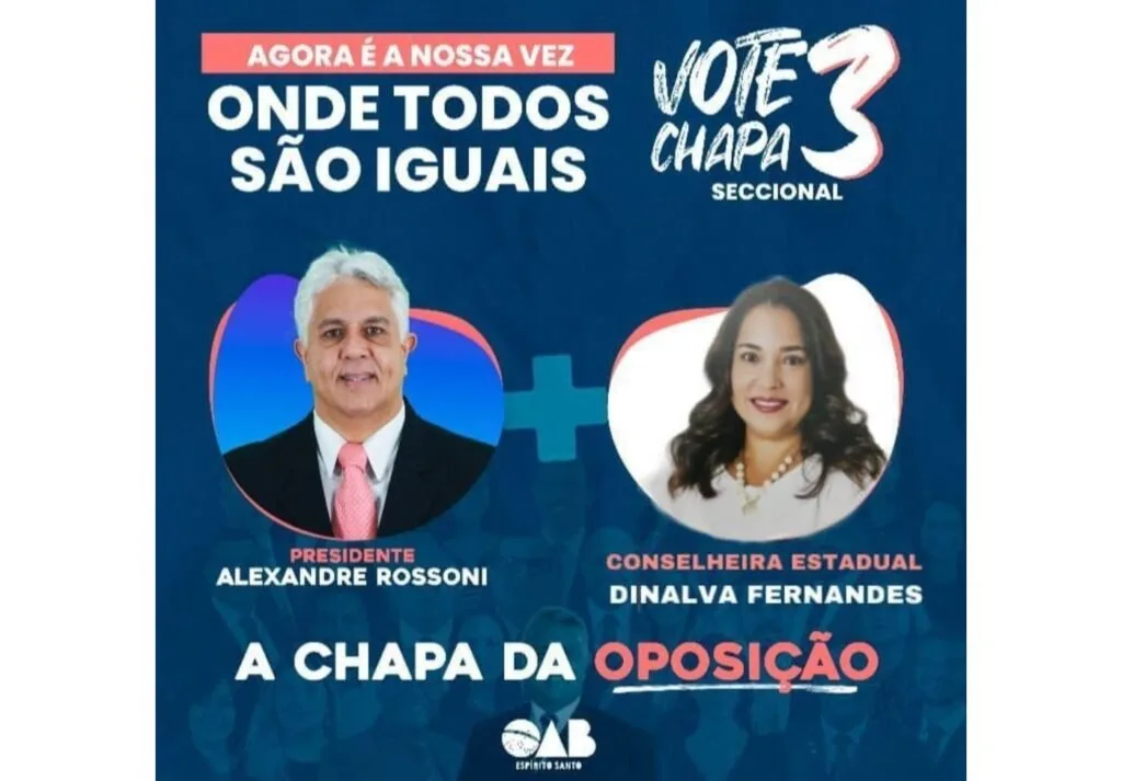 Cartão de campanha da OAB com o texto "Vote Chapa 3" e fotos de dois candidatos
