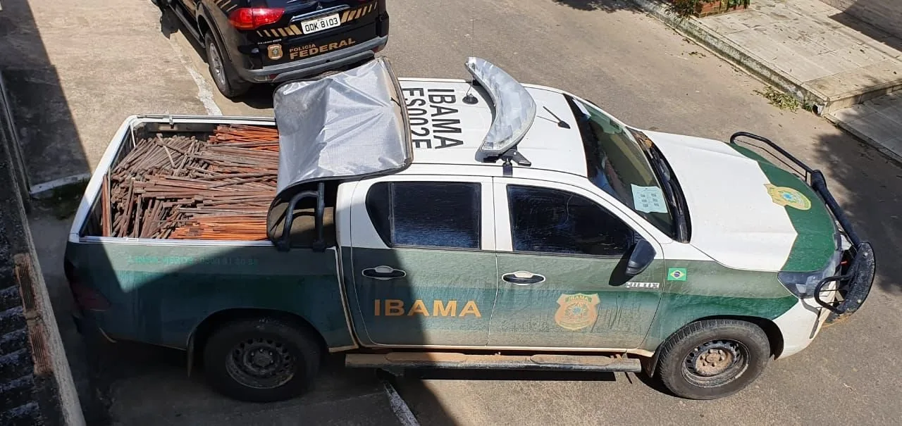 Caminhonete com a identificação do Ibama estacionada em área aberta e ensolarada