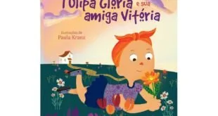 Capa de livro infantil com menina ruiva em campo de tulipas e o título 'Tulipa Glória e sua amiga Vitória'