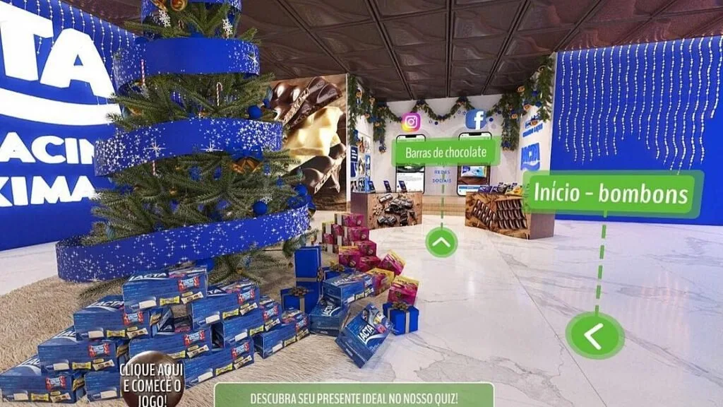 Ambiente virtual em três dimensões de uma loja decorada com árvore de Natal e presentes